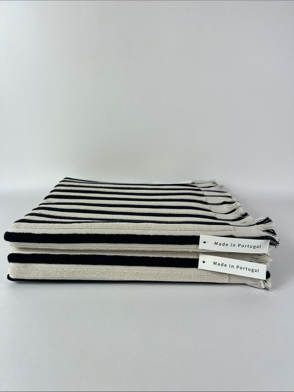 Bianca Bath Towel Set Striped Black & Cream with Fringe Made in Portugal 2pc NEW